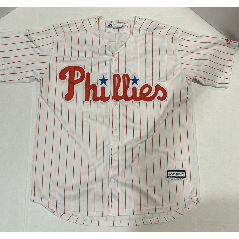 Phillies Jersey Majestic MLB White Red Stripes Harper #3 On Back Size Large